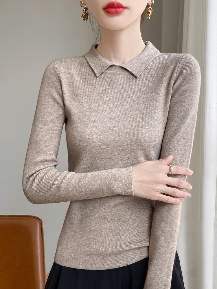 Sweater Women's Autumn and Winter Lapel Knitted Sweater Slim-fit Long-sleeve Base Shirt Design Sense Solid Color Lapel Sweater Inner Lapel