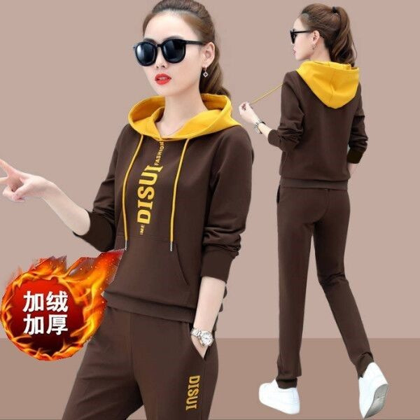 Casual sportswear suit women's autumn and winter 2023 New loose hooded thickened fleece-lined sweater two-piece Korean style
