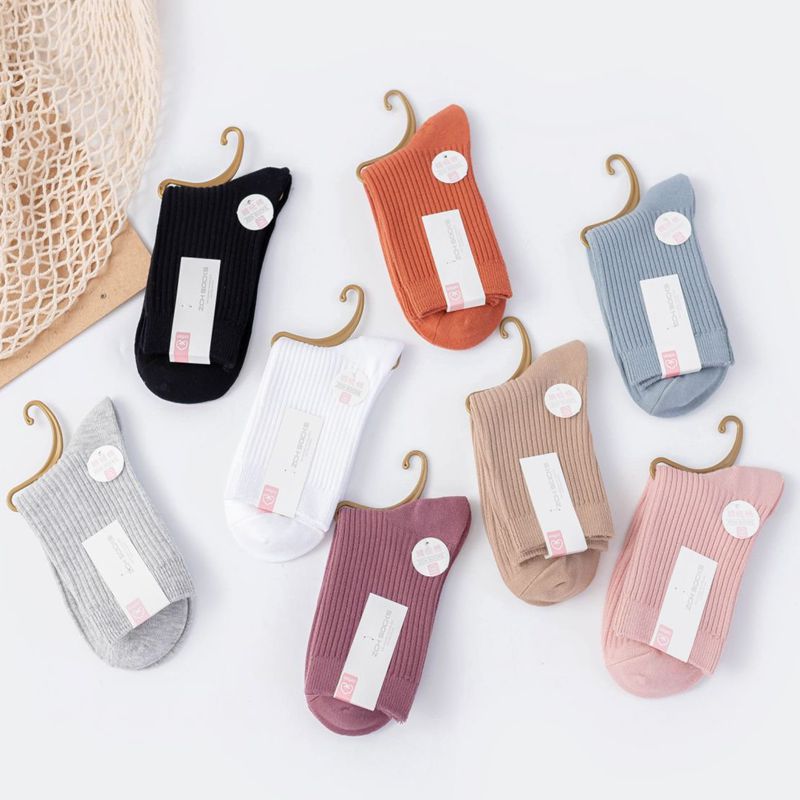New Women's Socks Autumn and Winter Double-Needle Cotton Socks Mid-Calf Socks Sweat-Absorbent and Deodorant Long Cotton Socks Pile Socks Candy-Colored Socks