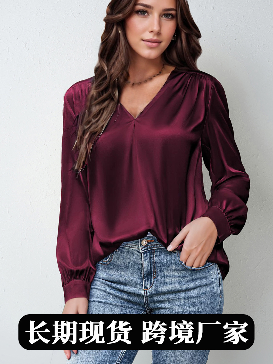 Picture of 2025 Amazon Popular Women's Clothing Satin Pleated Long-Sleeved Top V Neck Casual Loose Satin Commuter Shirt