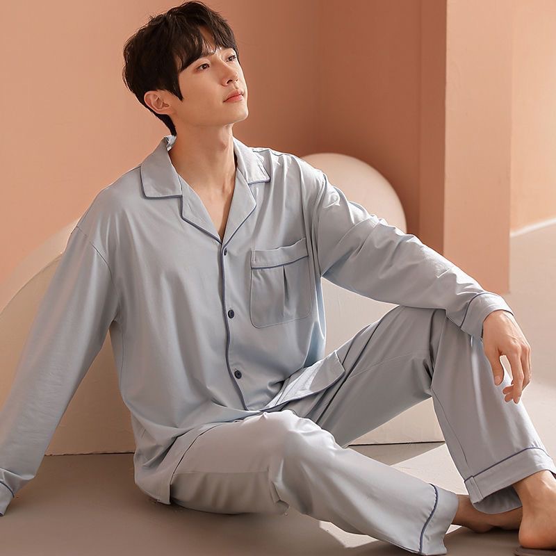 Pajamas Men's Spring and Autumn Cotton Long-sleeved Youth Cardigan Casual Men's Spring and Autumn Thin Two-piece Home Clothes