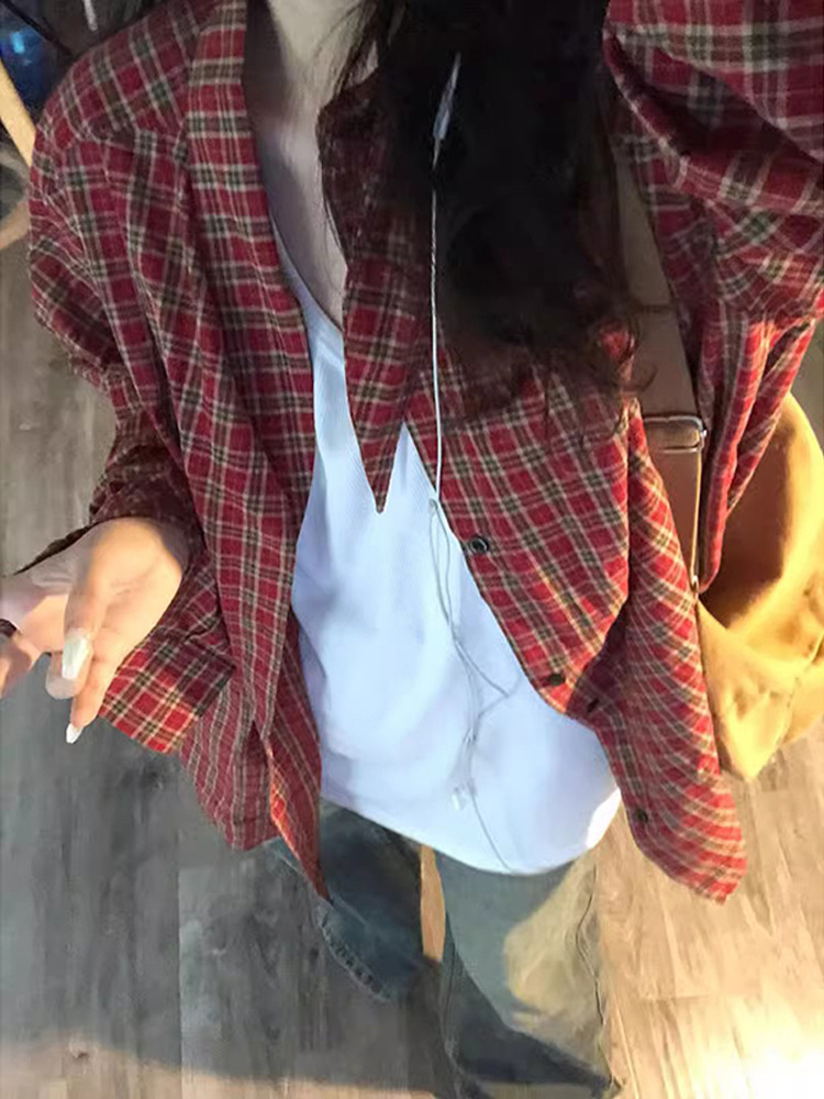 American Retro Red Plaid Long-sleeved Shirt Women's Spring and Autumn Top Lazy Style Loose Shirt Jacket Men's Cross-border
