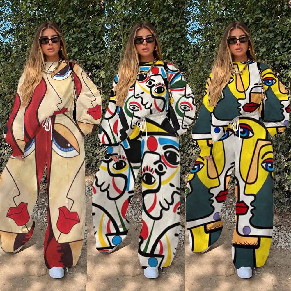 European and American autumn women's fashion 2021 autumn new pop print cross-border Amazon color contrast loose two-piece set