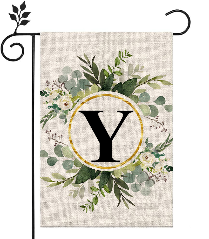 Picture of Simple ins style 26 letters + green plant printed linen garden flag surname initials courtyard door flag