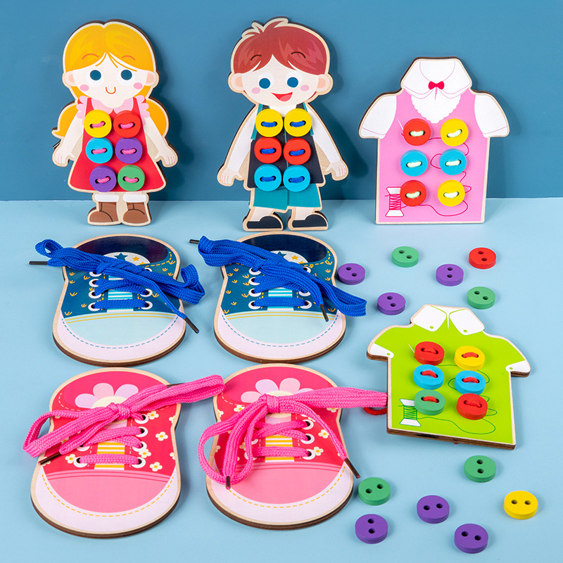 Factory wholesale children's wooden wear rope sewing clothes wear knitting buttons baby early education educational toys busy board accessories