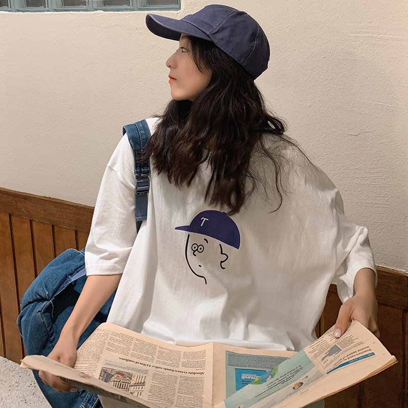 Cotton Bag Collar Cartoon Printed Short-sleeved T-shirt Women's Summer New Korean-style Loose Mid-length Casual All-match Top