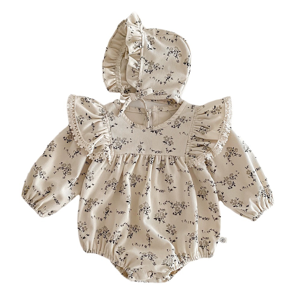Picture of Ins Korean Infant Spring & Fall Long-Sleeved Harem Baby Girl Corduroy Round Neck Floral Print Cute Crawling Suit with Hood