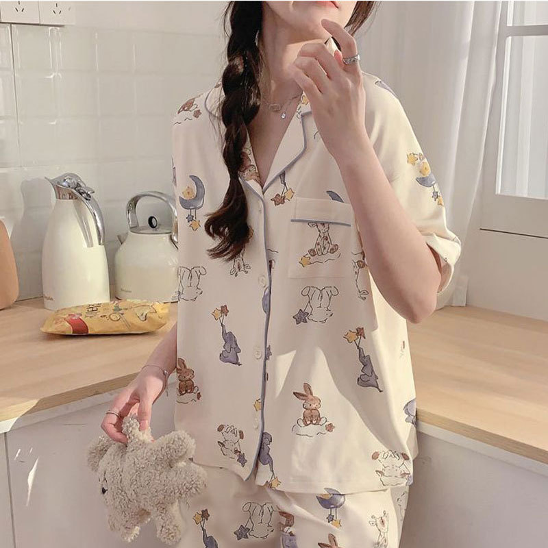 Summer New Ins Style Pajamas Women's Korean Style Soft Girl Cute Casual Style Cardigan Short Sleeve Trousers Home Clothes suit