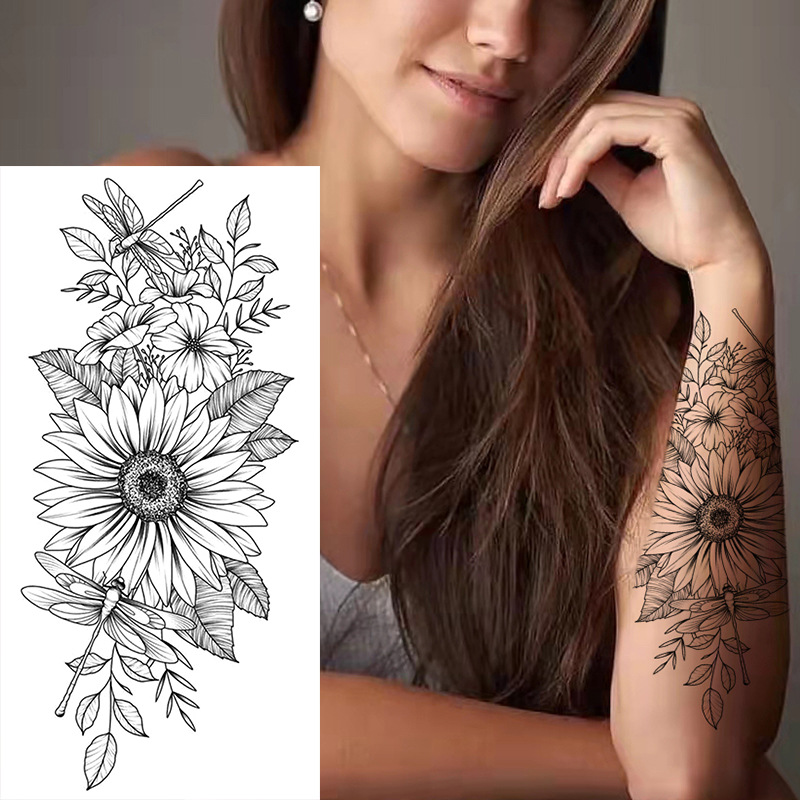 Picture of Cross-Border Supply of Sketch Flower Tattoo Stickers, Sketch Tattoo Stickers, Rose Flower Black and White Flower Tattoo