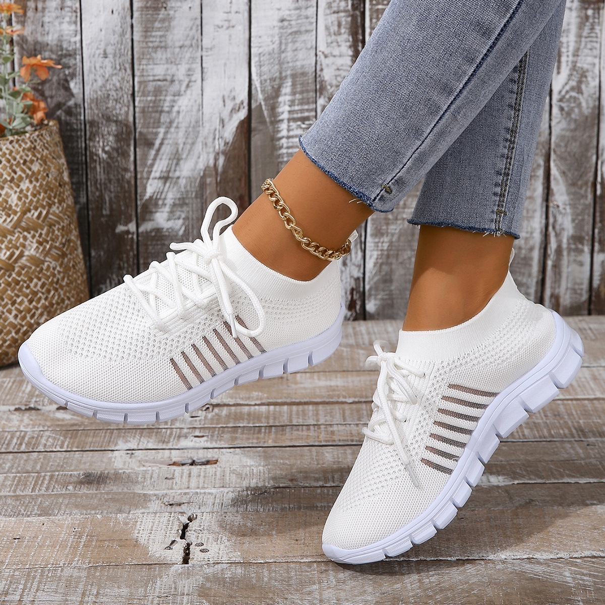 plus size Flying Weaving 36-45 Size Spring and Summer Women's Shoes Breathable Casual Shoes Deep Mouth Lace-up Platform Bottom European and American Style Mesh Shoes
