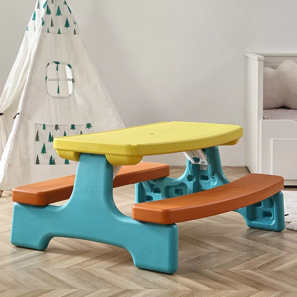 Picture of Foldable Children's Outdoor Table and Chairs with Umbrella for Four People Picnic Game Table Furniture Kindergarten Learning Desk Learning Table