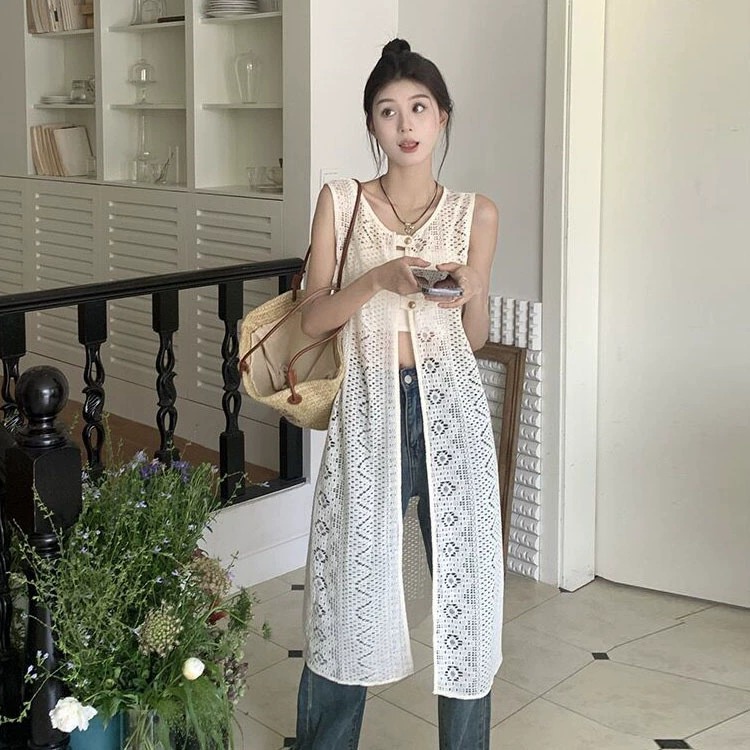 High-End Lace Cut Out Knitted Sleeveless Vest Dress for Women, Stripesd Cardigan Dress, Long Layered Blouse