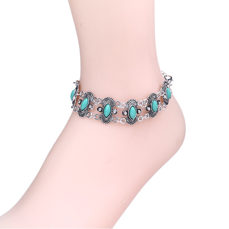 Wish Xizang Silver Bohemian Turquoise Fashion Aesthetic Bracelet Retro Ethnic Style Turquoise Water Drop Retro Anklet