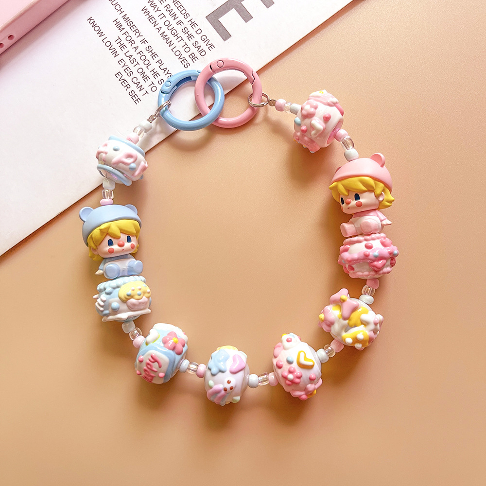 Bubble Mart Cute Cell Phone Chain Heavy Industry Hand-painted Beads Double Doll Doll Pendant Key Chain Bag Hanging Gifts