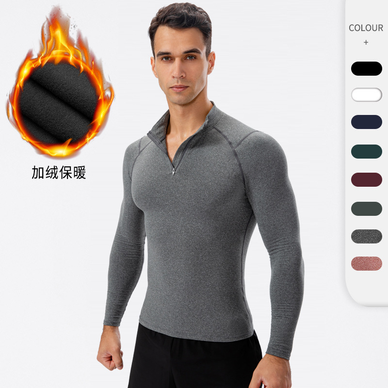 Men's Autumn and Winter fleece-lined Fitness Clothes High Elastic Tight Sports Running Training Long Sleeve Warm Vertical Collar Sweater 11517