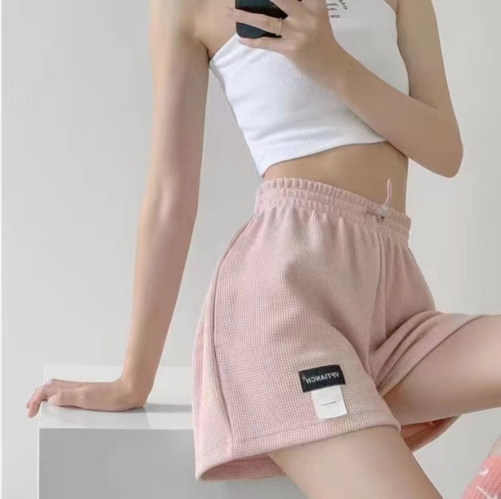 2023 latest waffle shorts loose sports shorts women's elastic waist wide leg hot pants casual slim high waist