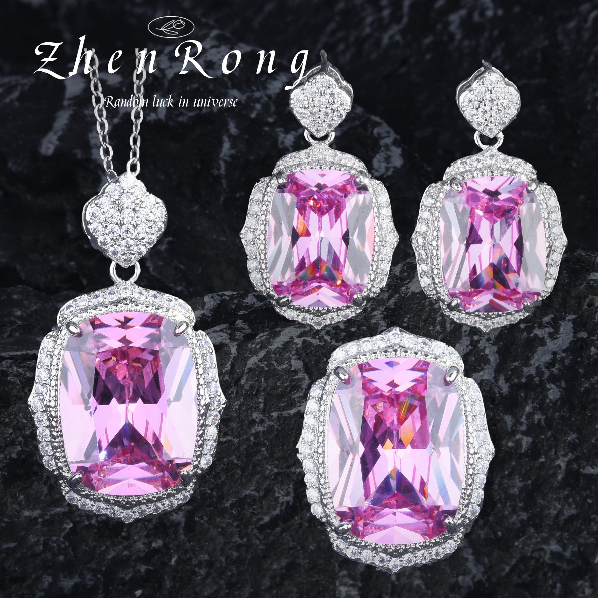 Ten miles peach blossom new temperament retro pink diamond pendant necklace pink crystal ring color treasure earrings earrings suit