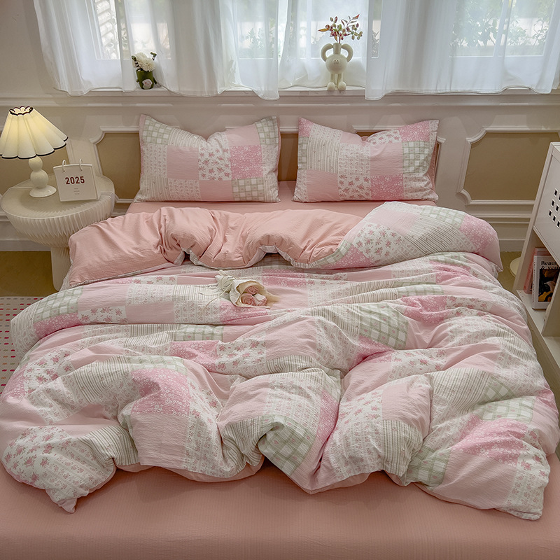 Picture of Double-Layer Gauze Wrinkled Cotton Bed Four-Piece Set Small Fresh Quilt Cover Home Ins Style Floral Summer New Three-Piece Set