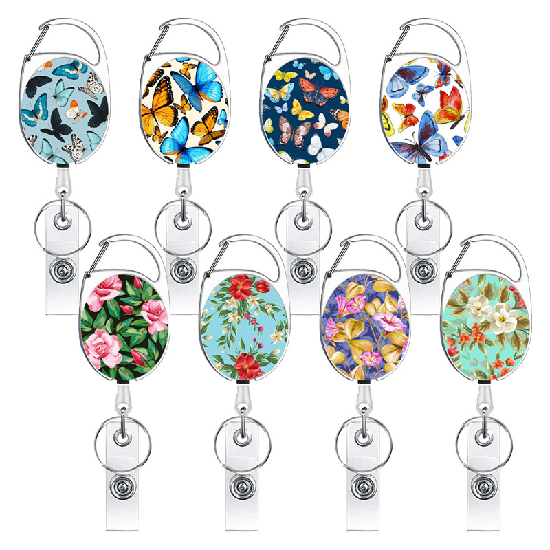 White Zinc Alloy Butterfly Flower Series Printed Easy Pull Buckle Retractable Easy Pull Key Chain Badge Reel