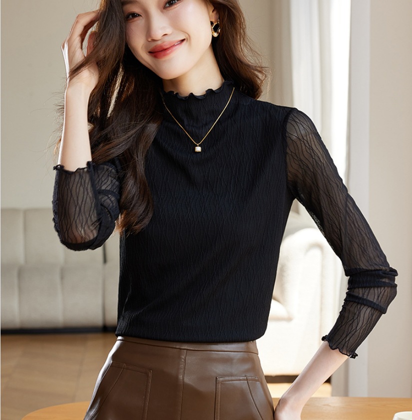 Picture of Texture lace bottoming shirt for women 2024 spring new Korean style lace half turtleneck inner long sleeve T-shirt top autumn and winter