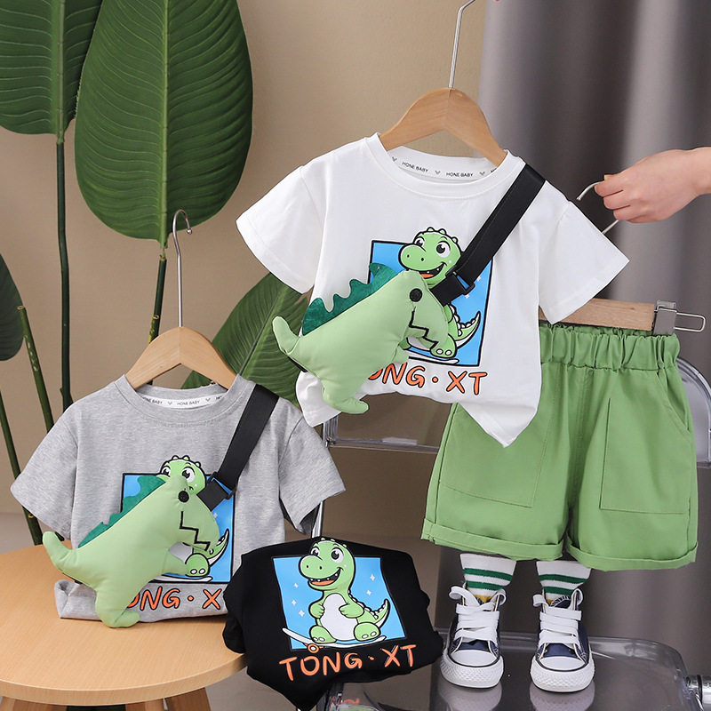 Summer new boys' short sleeve suit summer fashion Children's fried street messenger bag dinosaur short sleeve suit trendy cool