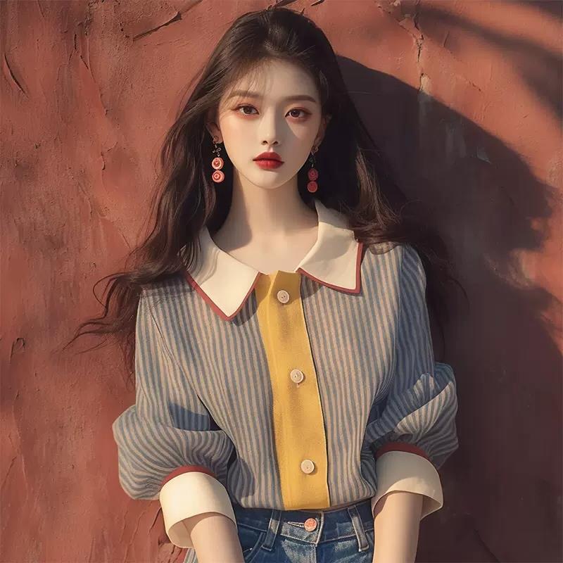 Picture of Early Autumn 2024 New Niche Chic Western Style Loose Slimming Korean Style Age-reducing Beautiful Stitching Striped Shirt