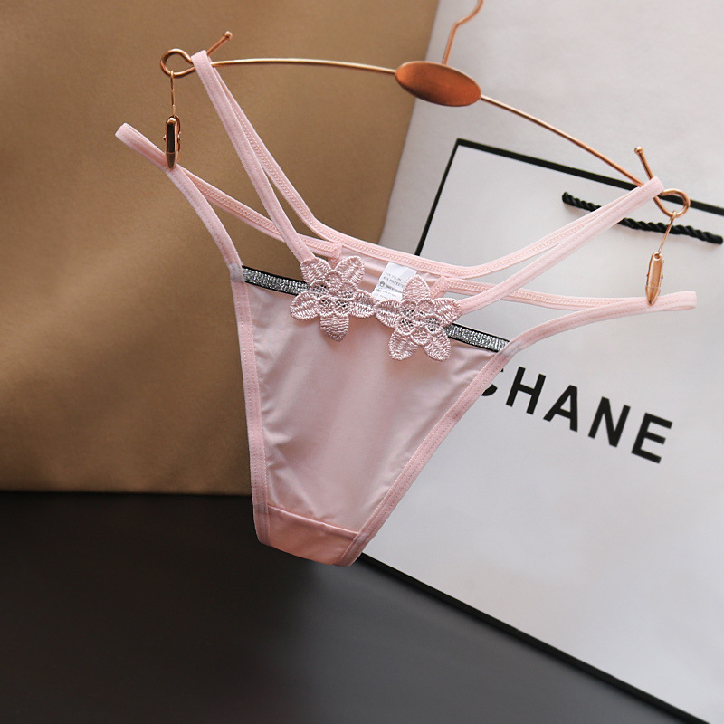 Sexy Ice Silk slip seamless low waist thin strap thong women's hot t pants embroidered hollow cotton file Japanese pure desire t