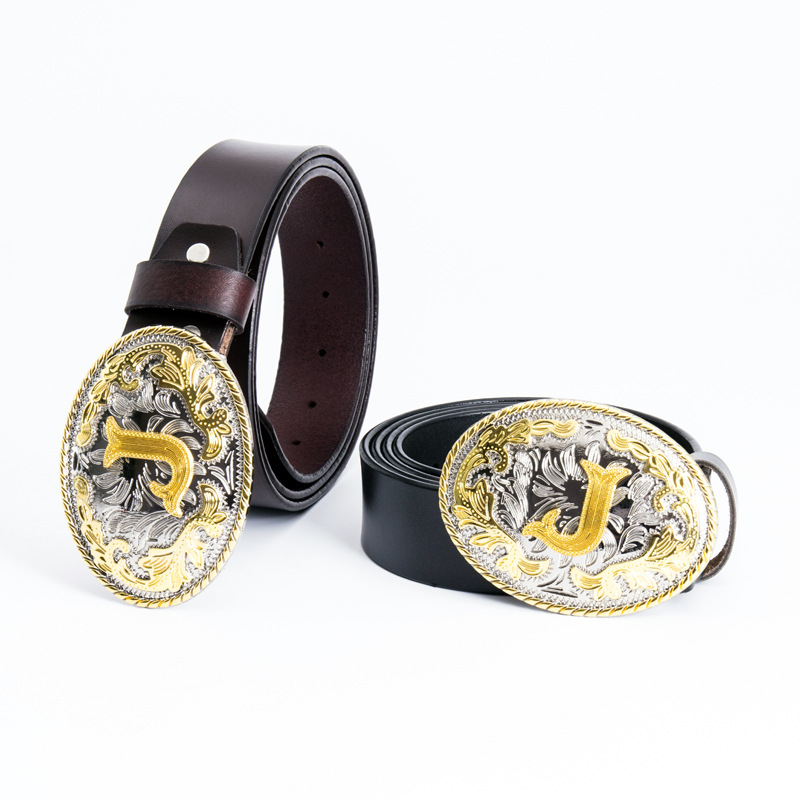 Picture of Golden men's belt whole two-layer cowhide fashion retro perforated belt buckle 3.8cm wide cross-border e-commerce