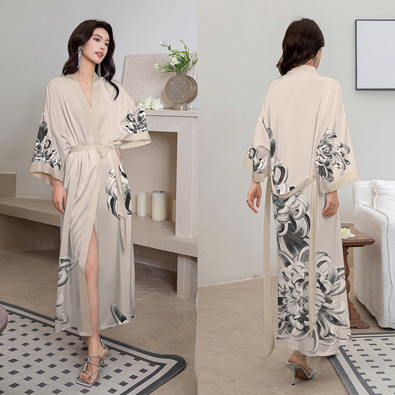 Picture of Yaoting Satin Printed Pajamas for Women Summer Large Size Accessible Luxury Three-Quarter Sleeves Cool Long Nightgown Home Wear Women Wp2669