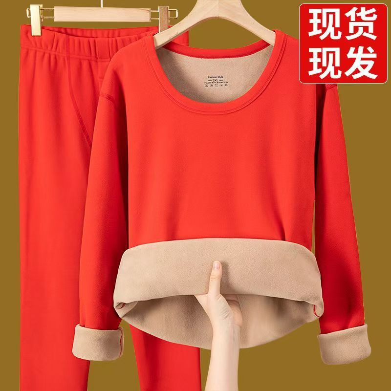 Picture of Autumn and Winter Women's Fleece-Lined Thickened Autumn Clothes and Pants Suit Brushed Inner Wear Men's and Women's Base Shirt Heating Thermal Underwear