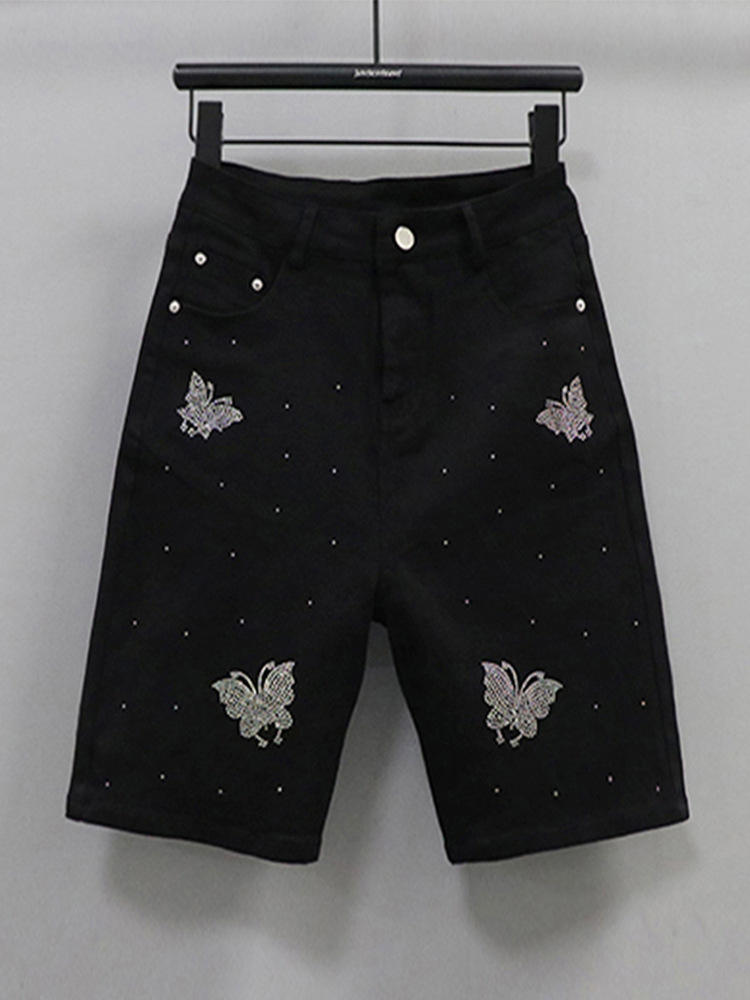 Rhinestone Five-point Pants Women's Candy-colored 2024 New Korean-style High-waist Slim-fit Slimming Stretch Comfortable Denim Pants