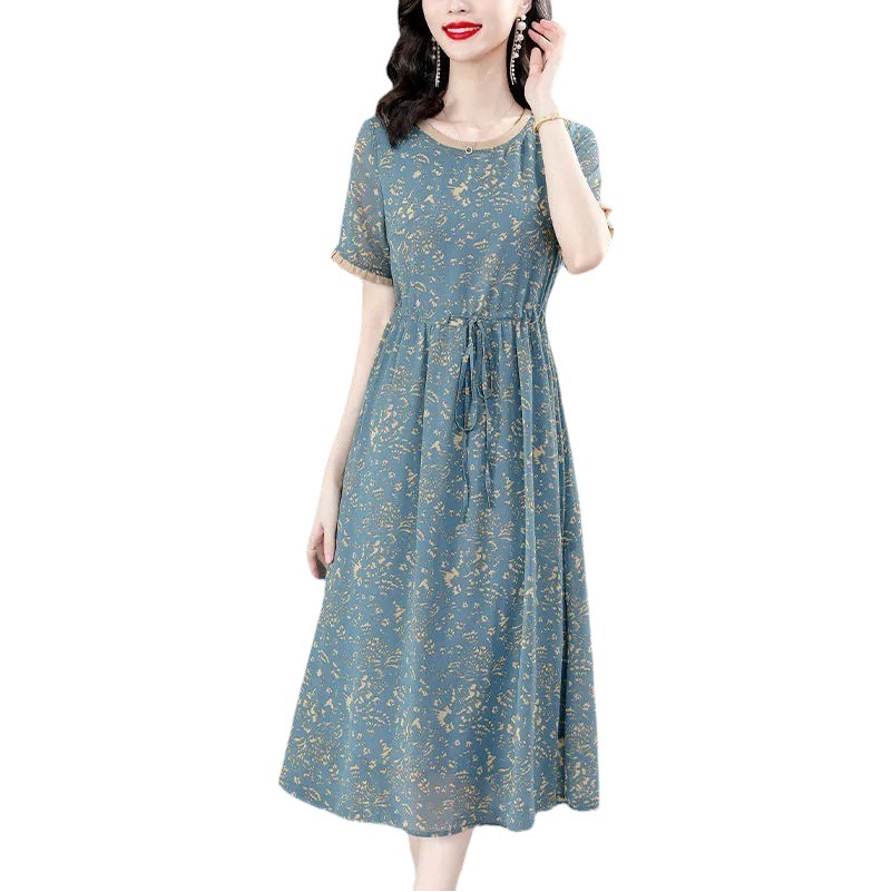 Women's Light Luxury Dress Large Size Lace-up Waist Elegant Slimming Age-reducing Printed Over-the-knee Dress 2023 Summer New Arrival