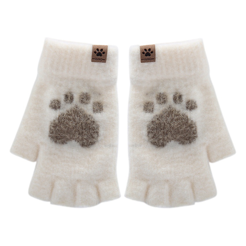 Autumn and Winter Plush Warm and Cold-Resistant Knitted Gloves with Fleece, Cartoon Thickened Office Half-Finger Cute Cartoon Design