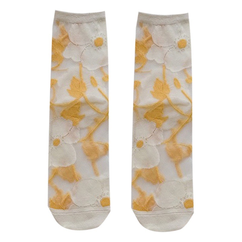 Socks for Women Korean Flower Loli Transparent Mid-Tube Crystal Silk Breathable Ultra-Thin Glass Cassette Long Stockings for Women