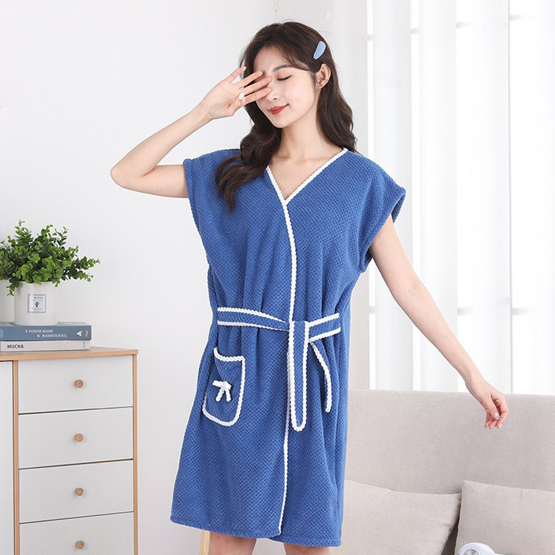 Picture of Manufacturer Wholesale Soft Coral Velvet Casual Bathrobe Household Absorbent Pineapple Plaid Strap Bath Towel Home Ladies Bath Skirt