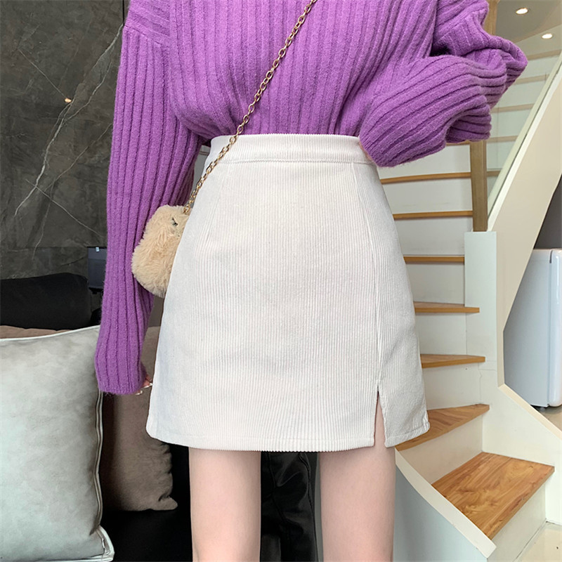 Picture of Autumn and Winter Split A- shaped Skirt 2021 New Style Western Style High Waist Slimming Corduroy Solid Color All-match Hip Skirt