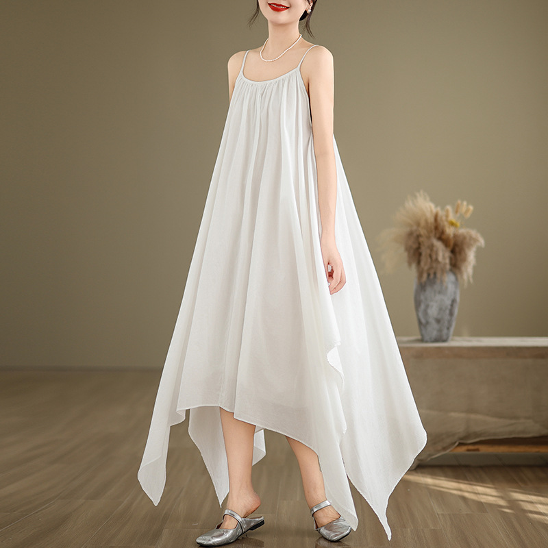 Picture of Black and White Minimalist Irregular Hem Sling Long Dress Children's Loose Beautiful Travel Photoshoot Sleeveless Solid Color Cotton and Linen dress