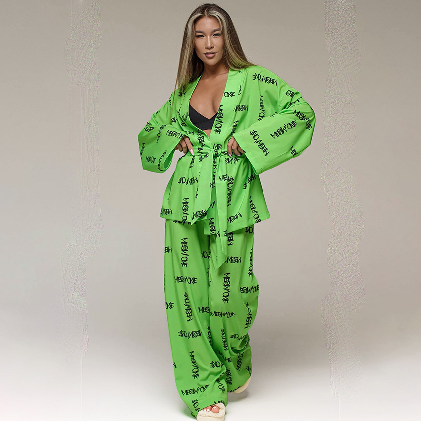2024 European and American New Printed Silk-like Casual Breathable Loose Comfortable Pajamas Women's Outfit