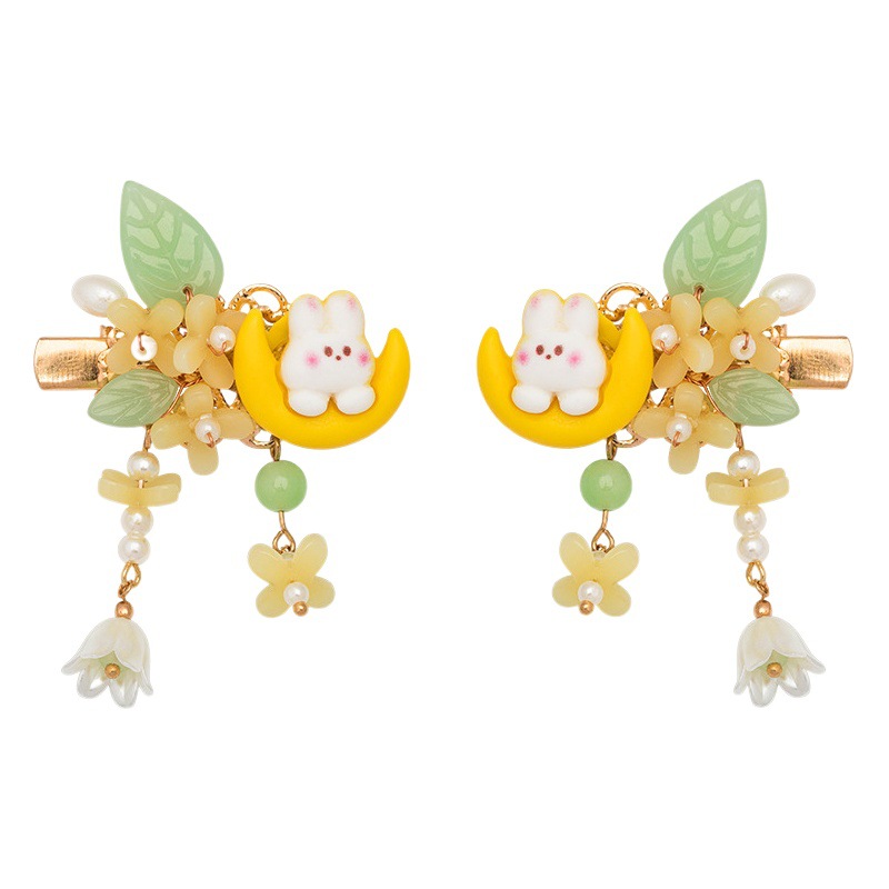 Children's Antique Hair Accessories, Han Dynasty Accessories, Braids, Laurel Rabbit Hairpins, Girls' Chinese Style Moon Rabbit Clips, Rabbit Fur