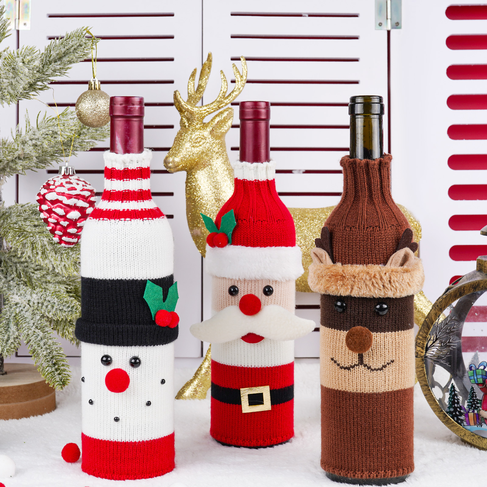 Christmas Decorations Claus Snowman Wine Bottle Set Knitted Wine Bottle Set Champagne Wine Bottle Set Restaurant Holiday Party Set