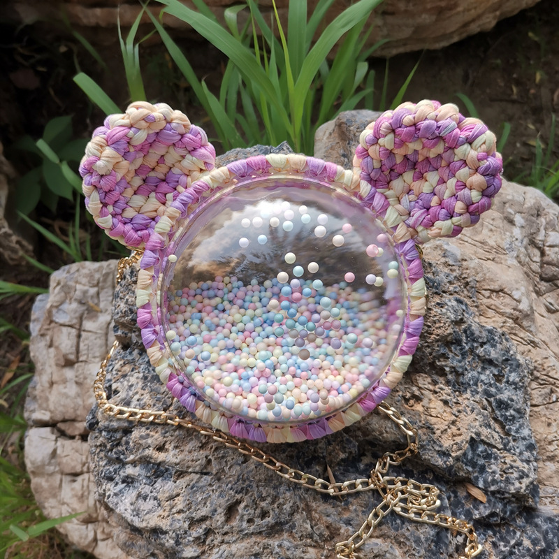 Picture of Handmade woven cloth line bear Mickey bag material bag transparent hemisphere acrylic Pearl handbag satchel