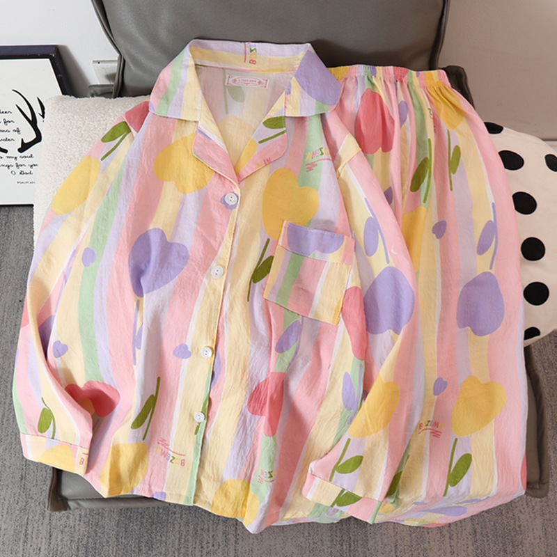 Picture of Online Celebrity Live Dopamine Color Striped Long Sleeve Pajamas Women's Loose Bubble Wrinkle Cute Cross-border suit Foreign Trade
