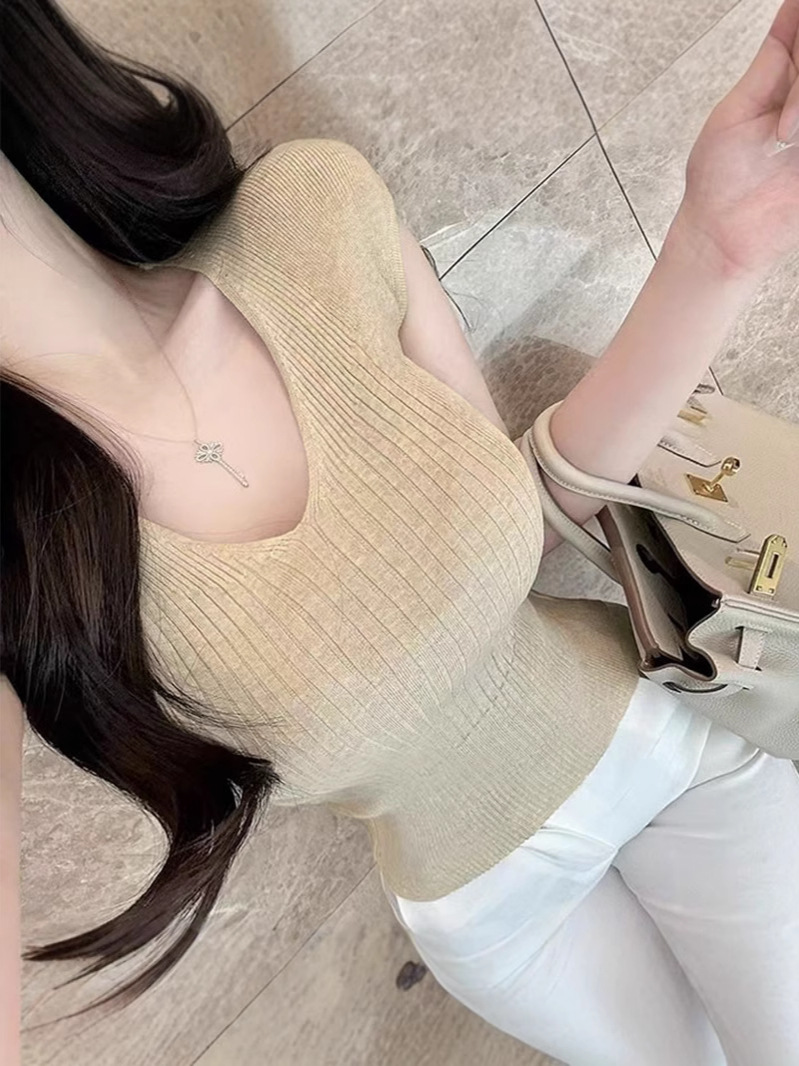 South Korea's Dongdaemun New Slim Fit Sexy Pure Lust Style Figure-Showing V Neck Short-Sleeved Knitted T-Shirt Tops for Women
