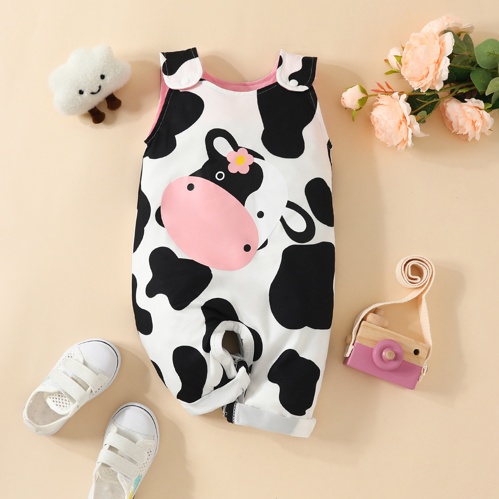 Foreign Trade Cross-border Baby Girl's Cute Cow Head Print Black and White Pattern Sleeveless Strap Long Climbing Suit