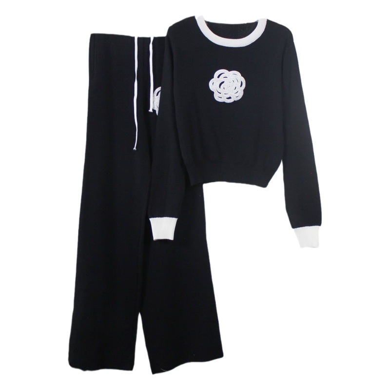 Cross-border European and American autumn and winter sweater suit two-piece round neck casual lazy commuter Chanel style contrast color women's clothing