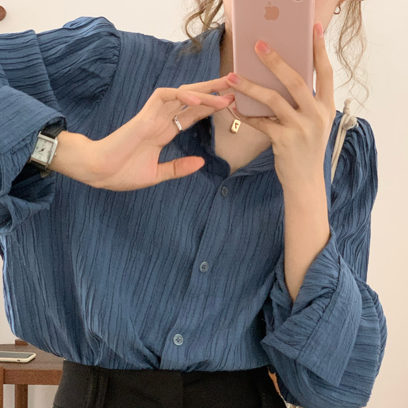 New Hong Kong Style French Retro Pleated Long-Sleeve Shirt with a Unique Design, Niche Autumn Top, Hong Kong Style Shirt Jacket for Women