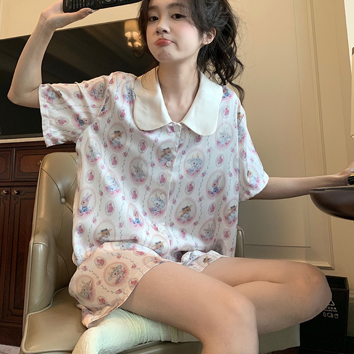 South Korea Ins Cute Rabbit Pajamas Women's Summer Ice Silk Cool Short Sleeve suit Sweet Cartoon Summer Home Clothes
