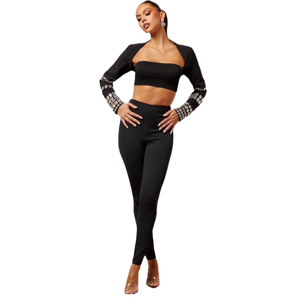 Cross-border new bandage pants suit Amazon popular European and American fashion rhinestone three-piece high street party dress