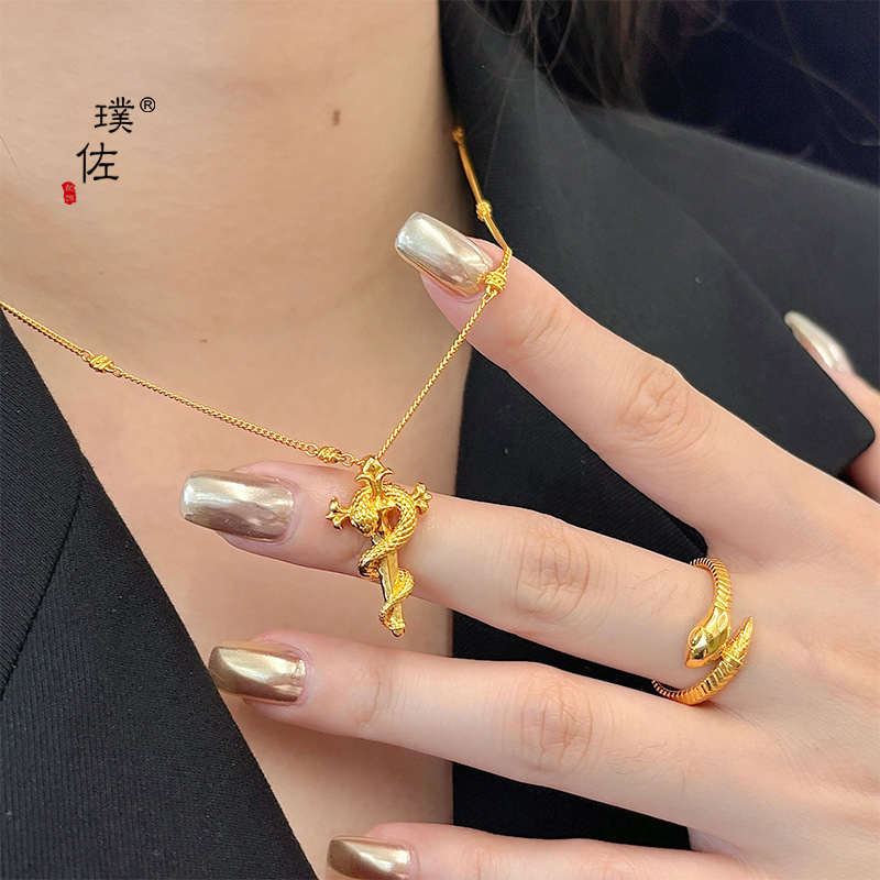 Picture of Puzuo gold shop diy accessories year of the snake zodiac scepter snake pendant necklace retro Chinese clavicle chain