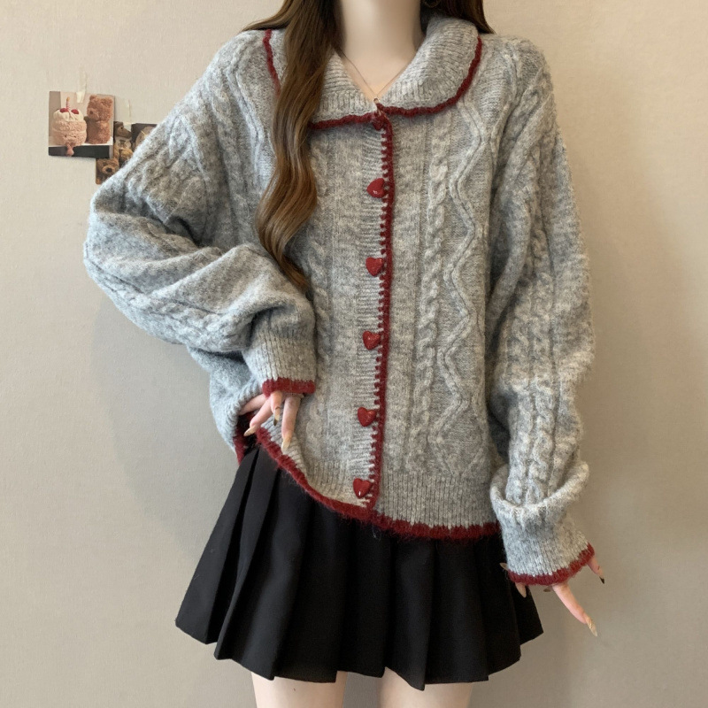 Pre-autumn soft glutinous cardigan vintage style love buckle lazy doll collar twist sweater loose knit jacket